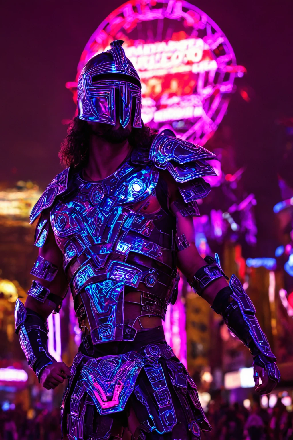 q gladiador futurista, en un coliseo de batallas, el esta listo para pelear. el entorno es un coliseo futurista cyberpunk, Neon lights are throughout the venue., the background is out of focus because it is far from the subject. Foto de stock, foto realista
