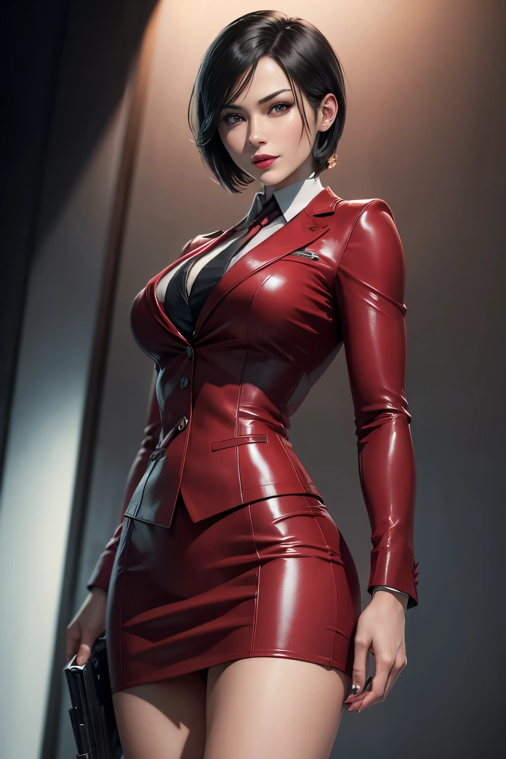 (absurdres, highres, ultra detailed), masterpiece, ada wong (resident evil), ((solo)), short hair, 1girl, skirt suit, business suit, three-piece suit, black pinstripe suit, waistcoat, red shirt, red necktie, bodycon skirt, miniskirt, closed mouth, standing, (((detailed lips))), ((realistic skin)), glowing skin, ((glossy red lips)), portrait, beautiful, smile, normal skin