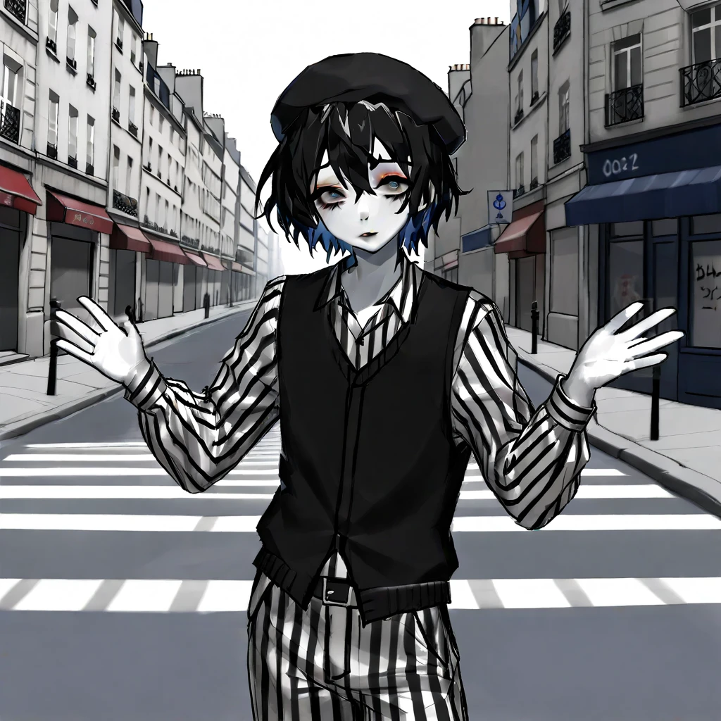 adult tall male mime, shirt grunge, sketchy lines, messy hair, black hair, wearing a beret, score_8_up, score_9_up,happy, has mime makeup on, wearing a mime outfit, dark blue eyes, performing on the streets of paris, showing full body, on a city street, solo, alone, (SOLO)(ALONE) Dancing, arms out, hands open, very happy
