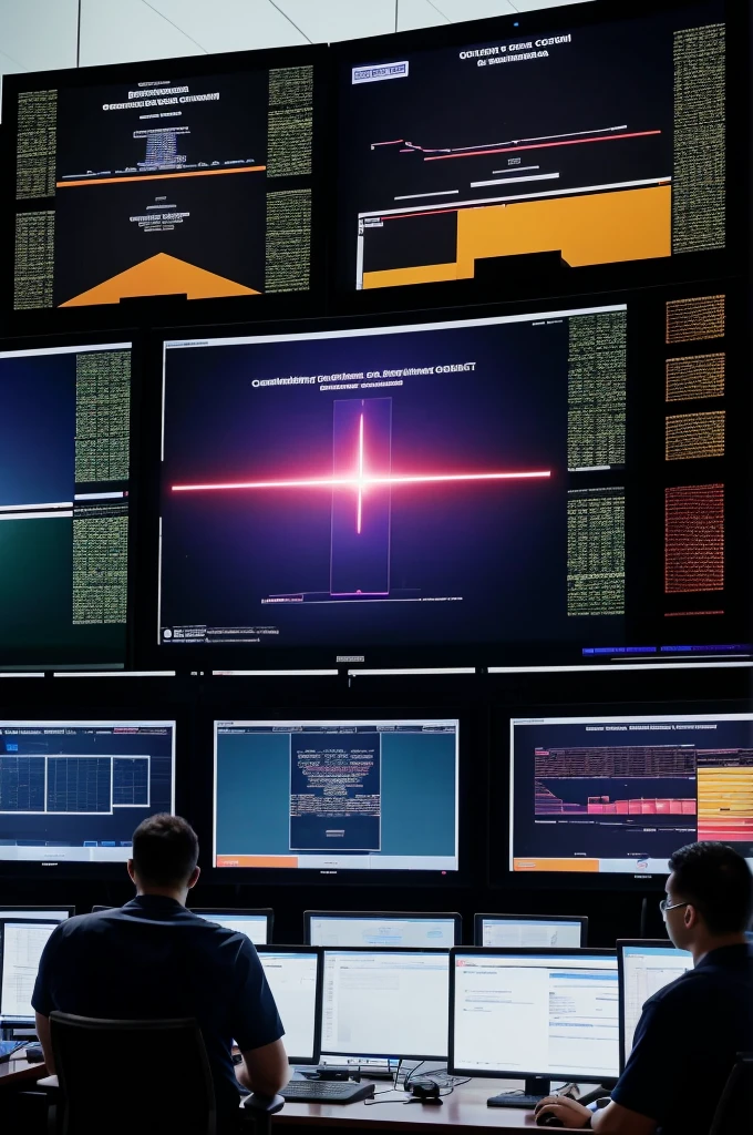 A team of experts analyzing a cybersecurity breach in a command center, with large screens displaying breach details and response strategies.