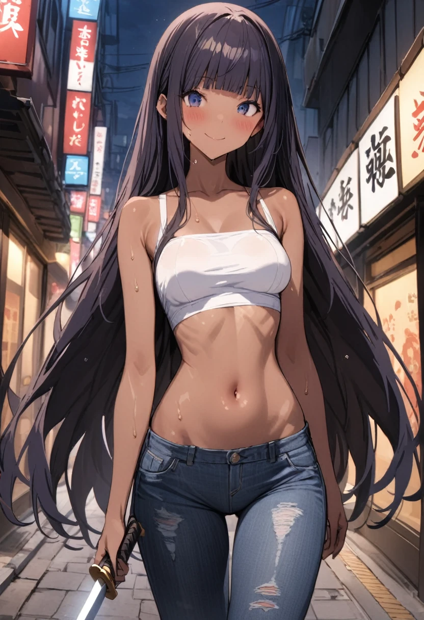 (((masterpiece, highest quality:1.3,absurdres))),25 year old beauty,solo,((very small head:1.2)),long hair,bangs,dark blue hair,dark blue eyes,gorgeous eyes,blush,smile,medium breasts,((very long body:1.2)),((toned body,slender body)),skinny,tan skin,gleaming skin,shiny skin,sweat,((destoryed jeans)),((White tube top,navel)),Holding a sword in both hands、on street,Tokyo、at night、