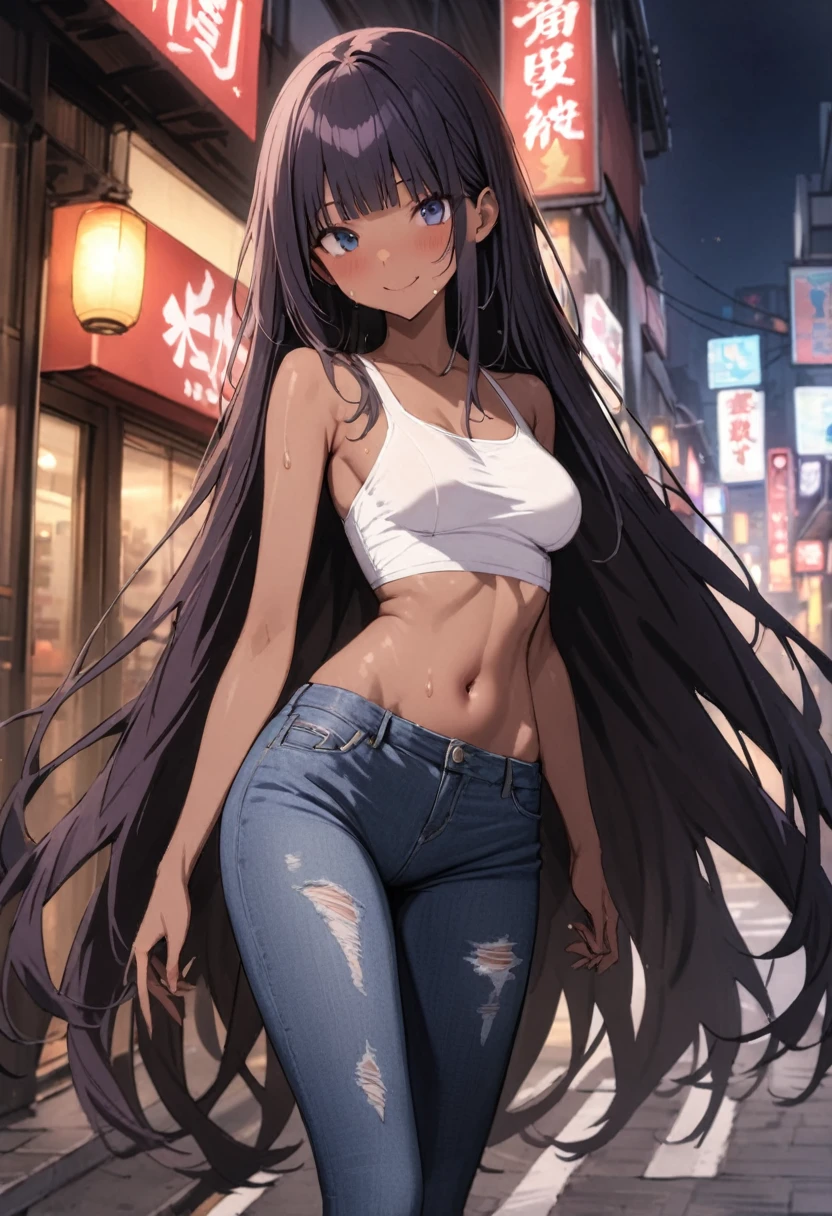 (((masterpiece, highest quality:1.3,absurdres))),25 year old beauty,solo,((very small head:1.2)),long hair,bangs,dark blue hair,dark blue eyes,gorgeous eyes,blush,smile,medium breasts,((very long body:1.2)),((toned body,slender body)),skinny,tan skin,gleaming skin,shiny skin,sweat,((destoryed jeans)),((White tube top,navel)),Holding a sword in both hands、on street,Tokyo、at night、