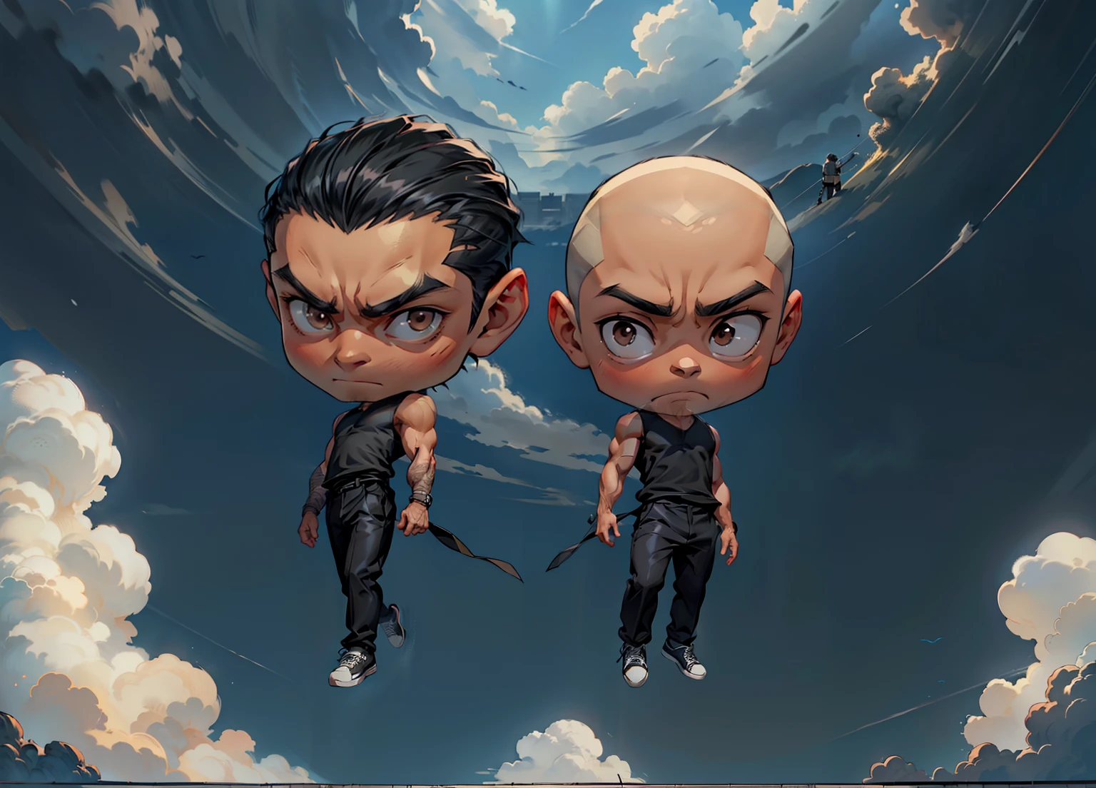 1boy, two boys, Calm face, brown eyes, high-cut hair, black hair, gray hair, muscular, bulky, black shirt, sleeveless, ((black slacks)), black shoes, blue sky, cloud