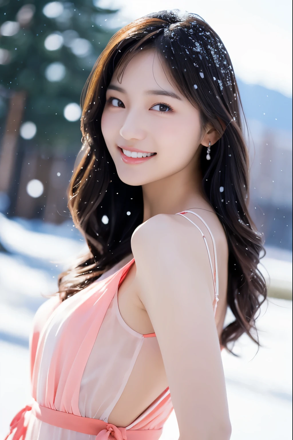 A slender Japanese woman looking at the camera、Cute Face、smile、Snow in the background、High resolution、High resolution画像, Dynamic pose, Beautiful ass, Real, Detailed and beautiful eyes, Chiffon dress