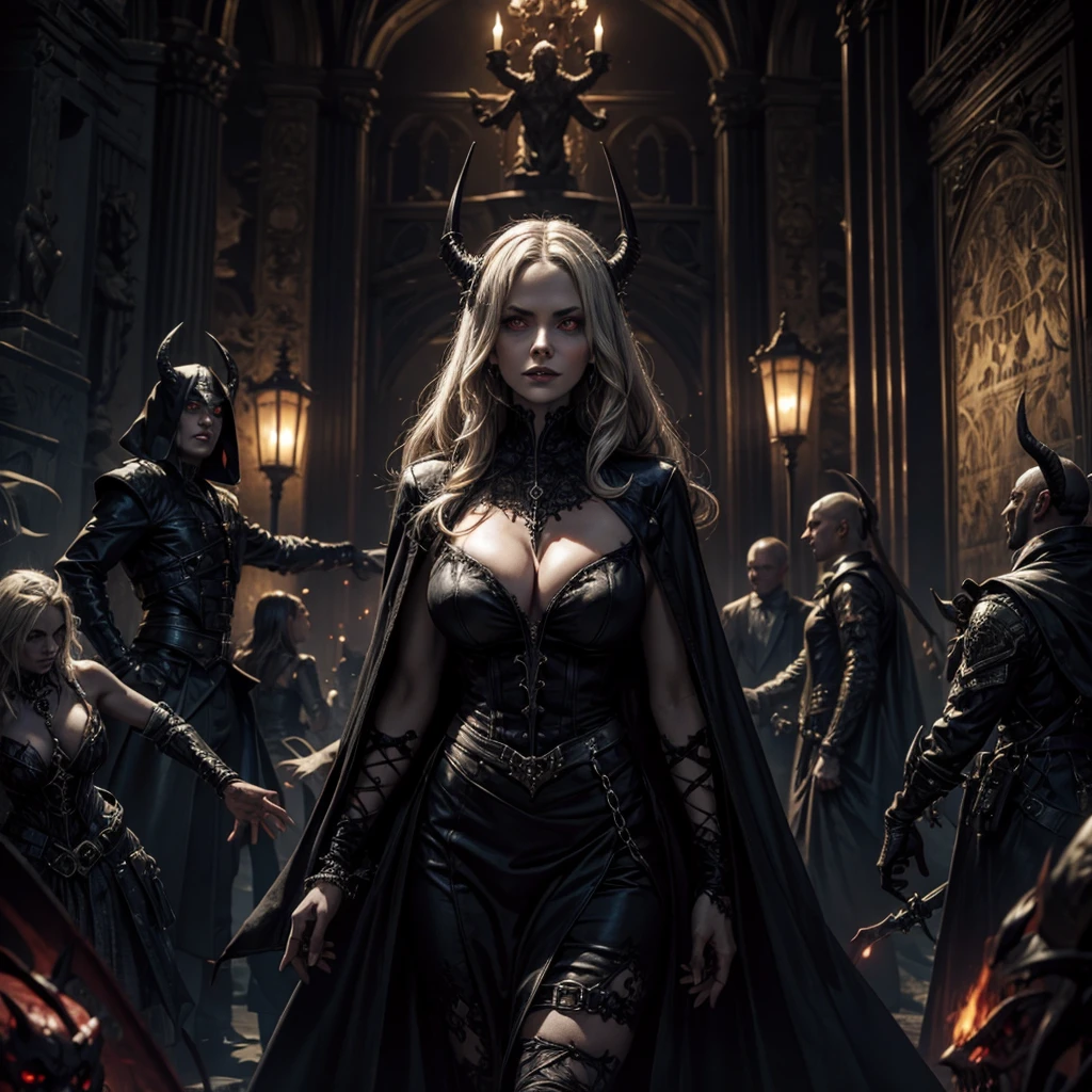 satanic woman surrounded by demonic people in a sinister and mysterious Gothic village