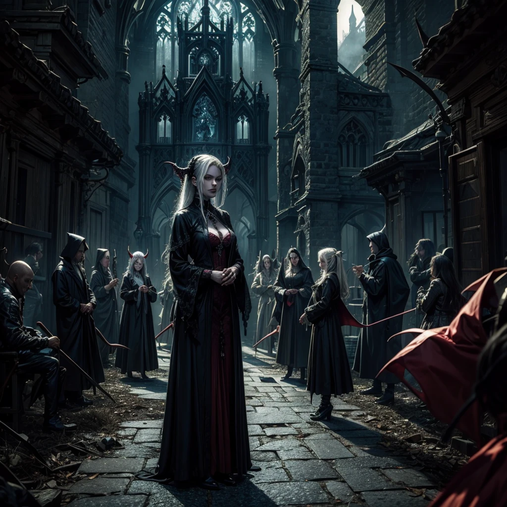 satanic woman surrounded by demonic people in a sinister and mysterious Gothic village