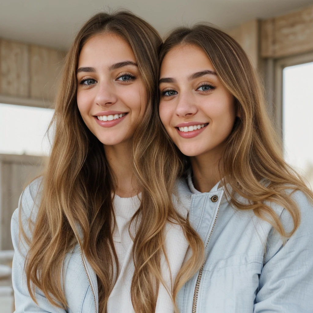 one cute women, 22YO, white, Arab, cute face, realistic brown eyes, blue jacket, blonde/brown hair, cute smile, skinny face, white realistic teethes, big eyes, long hair