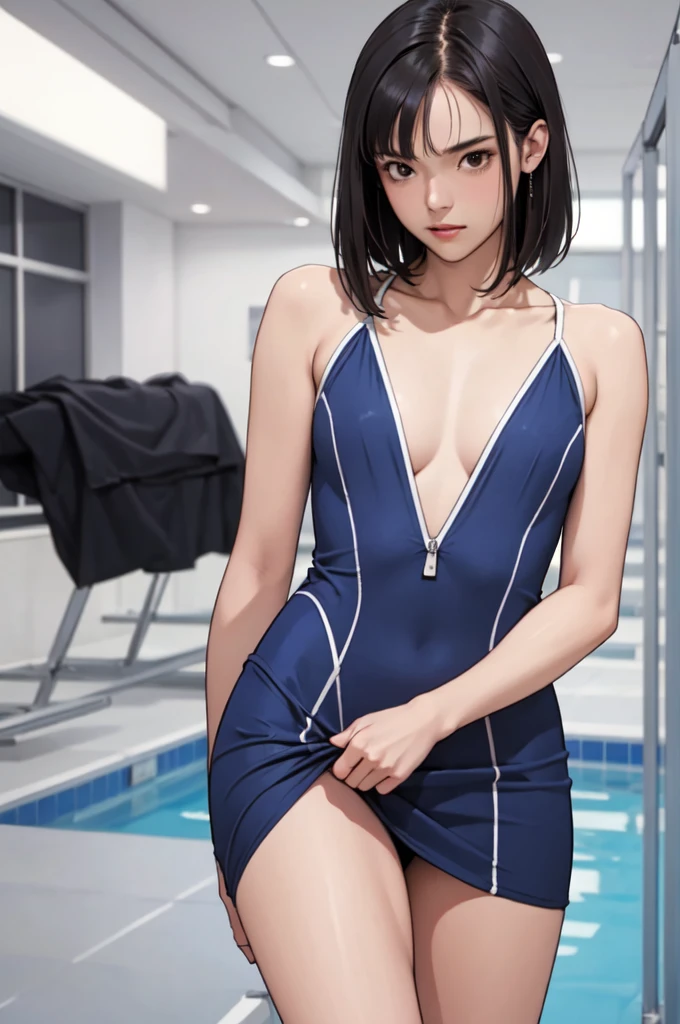 ((masterpiece, best quality)),((highres:1.2)), 1 Girl, solo, Blurred Background, (Straight Hair:1.2), (One piece swimsuit), ((flat chest)), Thighs, pool, ((Groin)), (slanted eyes), ((Special pose:1.2)), ((leg lift)), ((mini Pencilskirt)), bangs, short hair