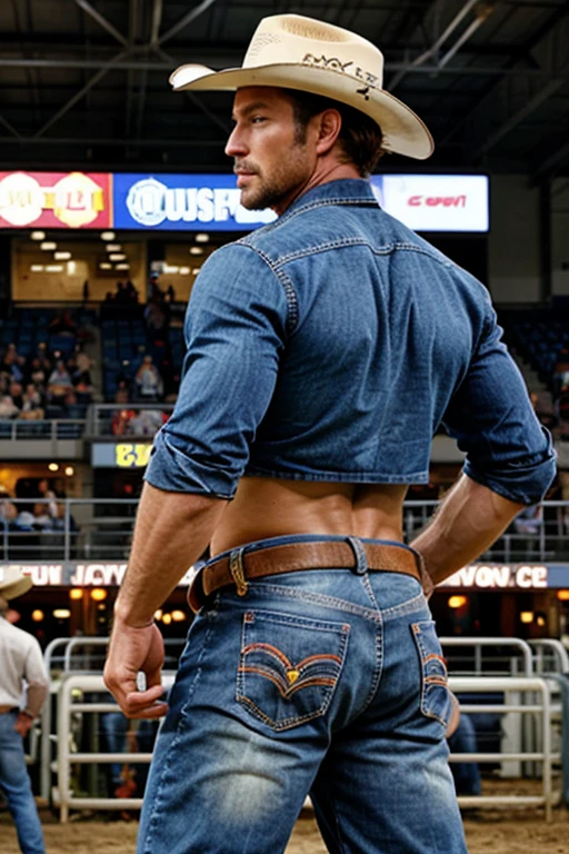 , muscular cowboy, realistic, at the rodeo, shirtless, jeans backside, big butt