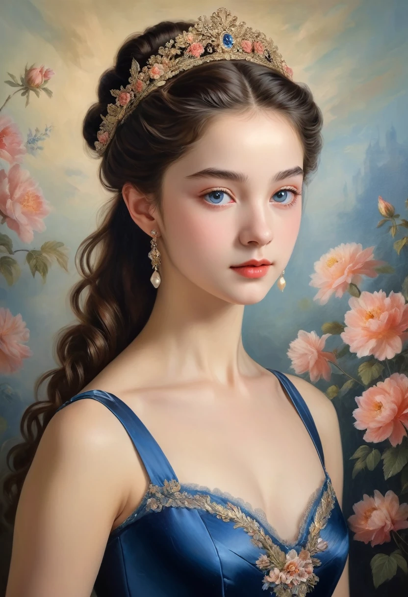 (highres,masterpiece:1.2),(realistic:1.37)"(best quality, highres, ultra-detailed, realistic),beautiful 19th-century portrait of a 16-year-old French ballet dancer, (She is half French and half Japanese, and is a stunning beauty with dark blue eyes and a high nose:1.1), elaborate ballet costume, detailed facial features, long graceful neck, flowing locks of hair, poised and elegant posture, soft and delicate lighting, classic oil painting medium, vibrant colors, subtle background with floral motifs", dreamy atmosphere, Surrealism,mystical aura