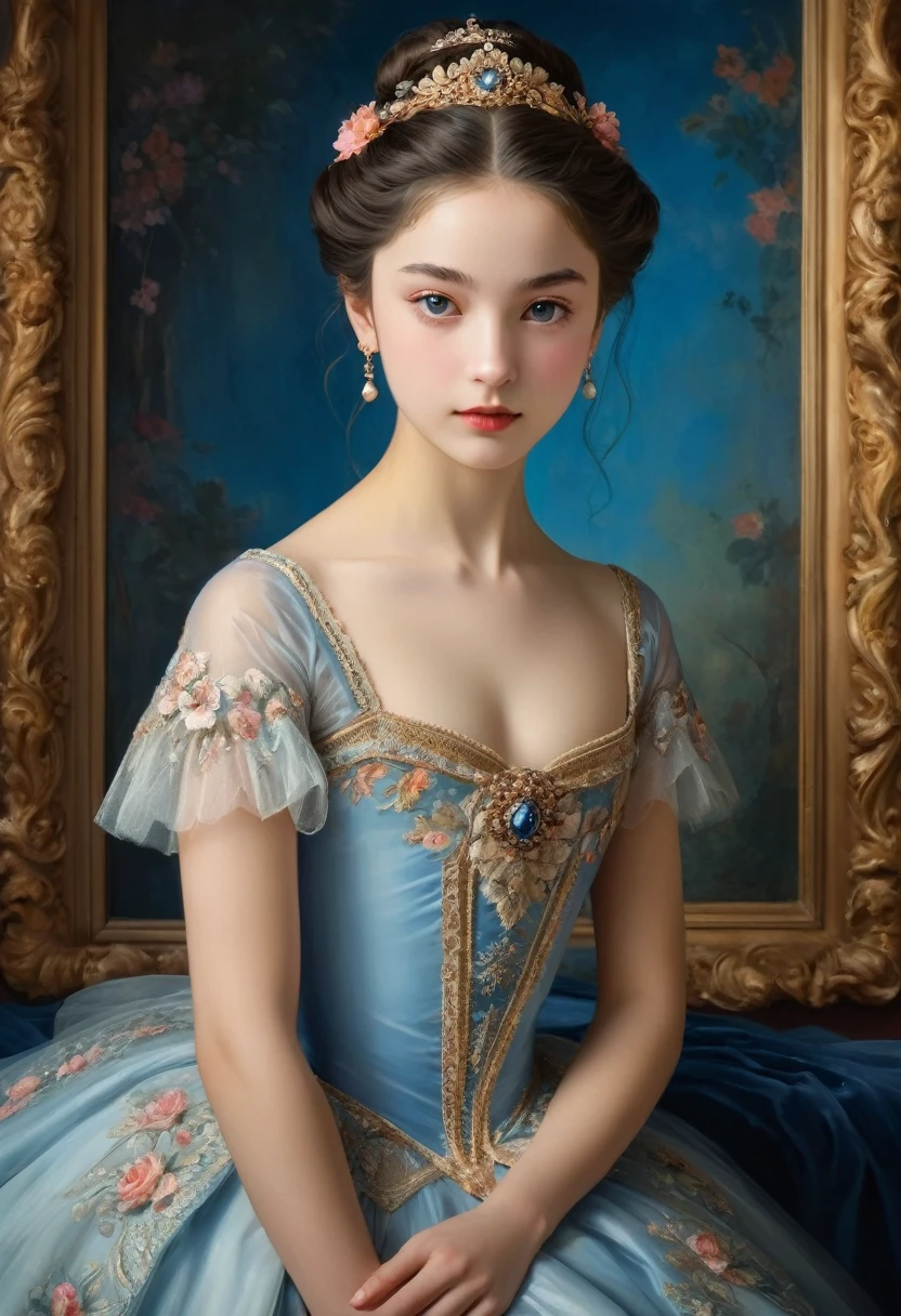 (highres,masterpiece:1.2),(realistic:1.37)"(best quality, highres, ultra-detailed, realistic),beautiful 19th-century portrait of a 16-year-old French ballet dancer, (She is half French and half Japanese, and is a stunning beauty with dark blue eyes and a high nose:1.1), elaborate ballet costume, detailed facial features, long graceful neck, flowing locks of hair, poised and elegant posture, soft and delicate lighting, classic oil painting medium, vibrant colors, subtle background with floral motifs", dreamy atmosphere, Surrealism,mystical aura