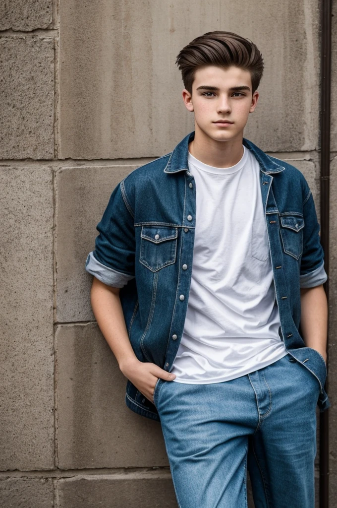 Create a photo of an 18 year old man, sans barbe ni moustache, a jaw, des joues un peu creuses, une grande taille environ de 1m85, des hunter eyes de couleur verte, des cheveux bruns avec une coupe de skateur, qui s’habille en oversize