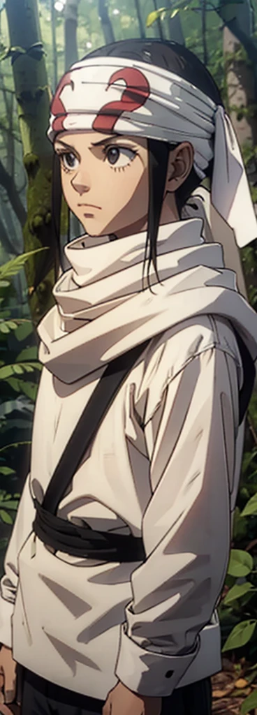 cowl bandana on forehead 1kid 7years old standing alone in forest hiding in bushes