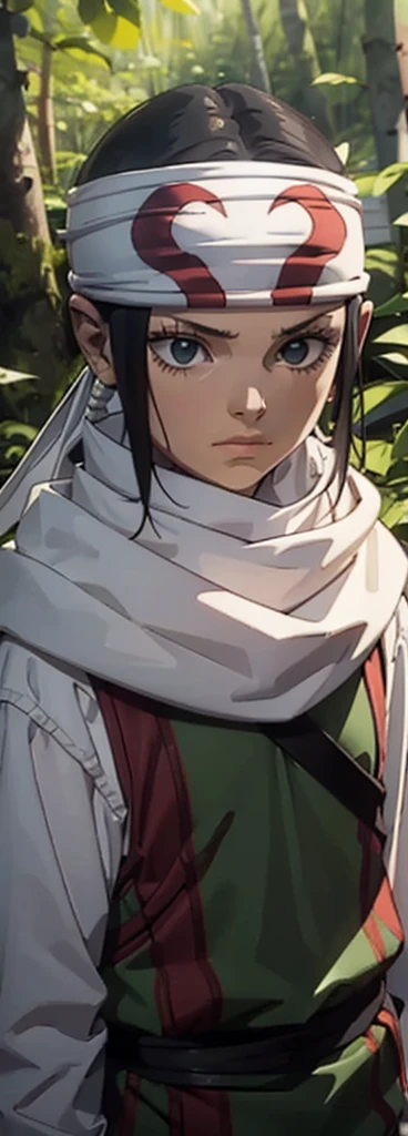 cowl bandana on forehead 1kid 7ars old standing alone in forest hiding in bushes