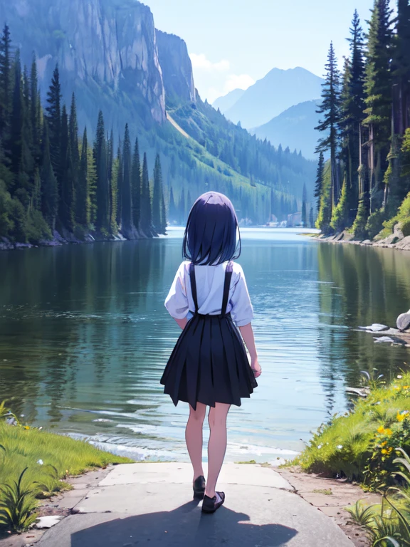 ((Back view)),One girl, (furude rika), Little, blue hair, purple eyes, long hair, blunt bangs, bangs, white shirt, suspenders, black skirt, 自然の中でBack viewを描いてください。Forest or lakeside、Mountain tops etc.、Place the figures in a situation that blends in with nature.。