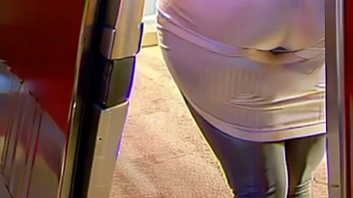 tall fat apple girl bumping her huge bun a sexy cese dress with leggings, trying to squeeze out of a tiny door in the elevator at the office, she is too round, she is stuck tight, she gives the viewer a sheepish grin, her leggings rip