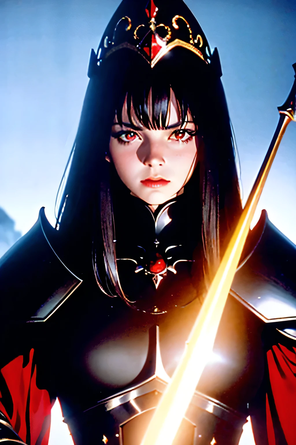 dvd screengrab, from 1982 dark fantasy film, "excalibur", a queen in a black armor and red eys --ar 3:2