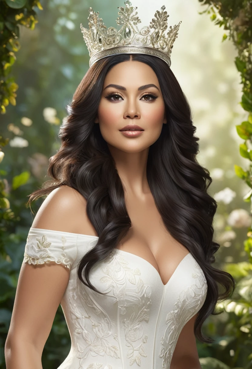 Create a realistic, high-definition image of a full-body, front-facing 37-year-old woman  ethnicity with a robust body, large and heavy bust, and thick thighs. She has an oval face, long black wavy hair in a princess style. Her eyes are brown, large, and expressive. She has a thin nose and a small mouth with thin lips. She is wearing a transparent white outfit and a queen's crown. The image should be set in a garden, highly detailed, and look like a photograph.