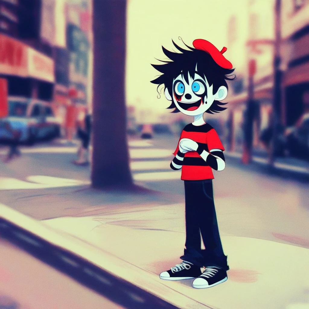 adult tall male mime, shirt grunge, sketchy lines, messy hair, black hair, wearing a beret, score_8_up, score_9_up,happy, has mime makeup on, wearing a mime outfit, dark blue eyes, performing on the streets of paris, showing full body, on a city street, solo, alone, (SOLO)(ALONE) Dancing, arms out, hands open
