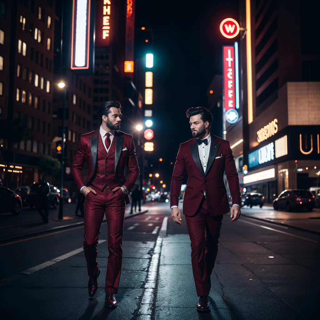 vintage, a man maroon blazer vest , maroon trousers, walking , city lights 