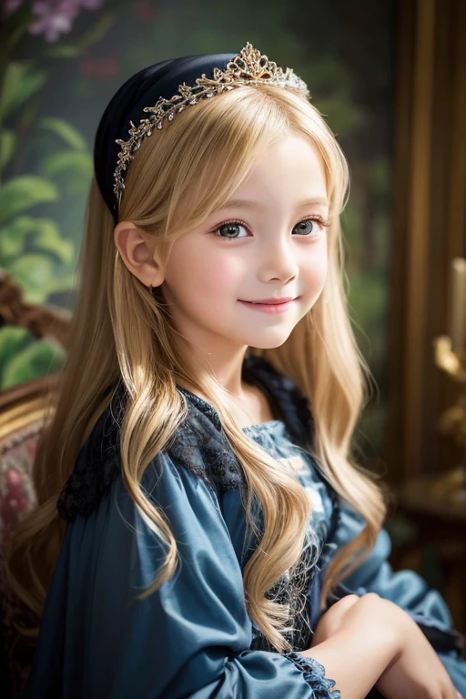A 6--old utiful girl painted in an oil painting style reminiscent of an impressionist painting.。She is fair-skinned and、With long blonde hair、She is wearing a gorgeous Rococo dress.。The backdrop is a magnificent, gorgeous, cinematic palace。Gentle light。She is looking at me and smiling.
And dark theme.