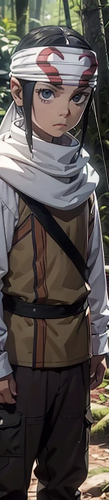 cowl bandana on forehead  1kid  7years old standing alone in forest hiding in bushes ??? body
