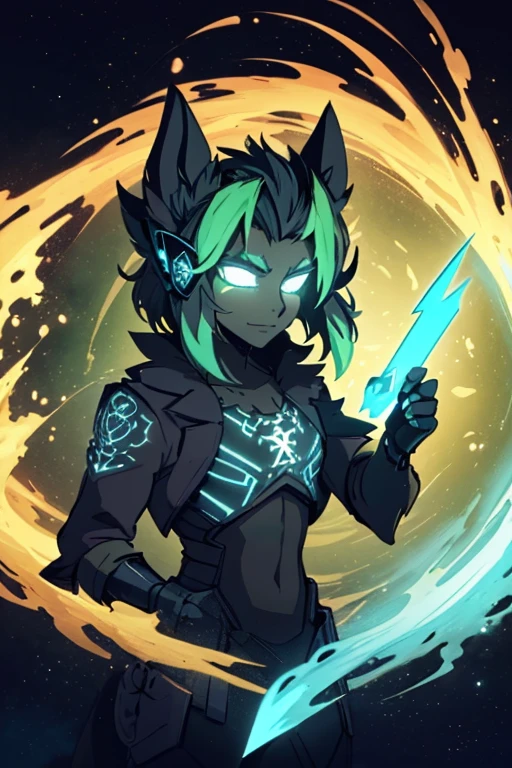 niji mode, a bear man magician secret agent, wearing a modern and stylish thin suit with glowing magic circuits, full body dynamic pose, human face with glowing delicate tribal tattoos and bluish green bear ears, using a glowing technological long spear with magic carvings , vibrant and bright scenery, hairy young man, with ethereal and devilish behavior, his features bathed in the green lunar glow. His skin, orange and bluish green, reflecting like a mirror, the starry night. Within his captivating gaze a swirl of galaxies, vibrant shades of cosmic dust and celestial wonders painting a mesmerizing tapestry in shades of green, a wild touch to his captivating gaze. His presence evokes a feeling of pride. As his presence draws attention, the enigmatic allure of this figure captivates the imagination, inviting contemplation of the hidden depths that lie beneath his captivating gaze. A kingdom of an ancient civilization with advanced technology, with tall buildings, blending into the vegetation. Wide scene, with several layers of depth, dynamic, cinematic. Studio ghibli, metal hurlant, traces of old anime.