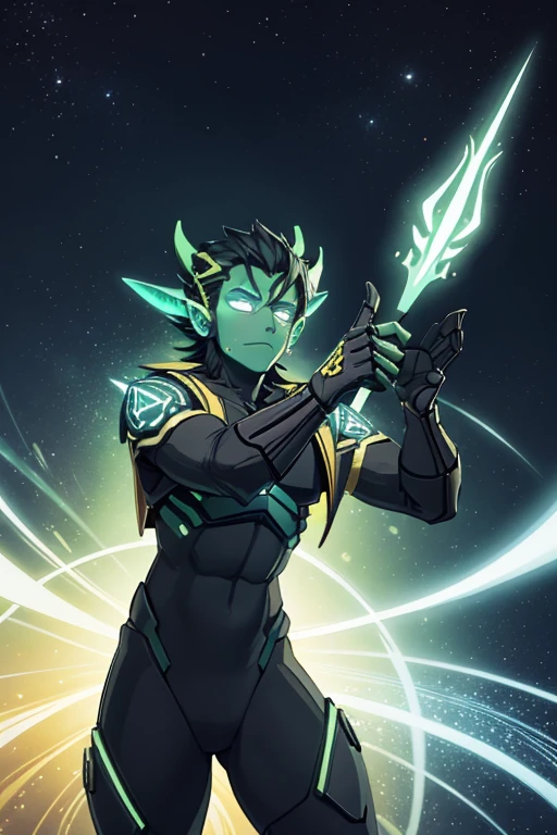 niji mode, a bear man magician secret agent, wearing a modern and stylish thin suit with glowing magic circuits, full body dynamic pose, human face with glowing delicate tribal tattoos and bluish green bear ears, using a glowing technological long spear with magic carvings , vibrant and bright scenery, hairy young man, with ethereal and devilish behavior, his features bathed in the green lunar glow. His skin, orange and bluish green, reflecting like a mirror, the starry night. Within his captivating gaze a swirl of galaxies, vibrant shades of cosmic dust and celestial wonders painting a mesmerizing tapestry in shades of green, a wild touch to his captivating gaze. His presence evokes a feeling of pride. As his presence draws attention, the enigmatic allure of this figure captivates the imagination, inviting contemplation of the hidden depths that lie beneath his captivating gaze. A kingdom of an ancient civilization with advanced technology, with tall buildings, blending into the vegetation. Wide scene, with several layers of depth, dynamic, cinematic. Studio ghibli, metal hurlant, traces of old anime.