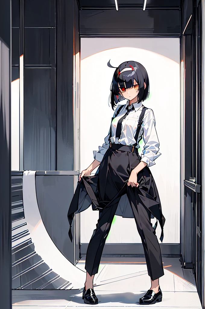 (((((shy girl))))), ((((shy posture)))), (((1 Girl))), (((standing up straight))), (((full body))), ((((flat chested)))), ((((Urabe Mikoto Mysterious Girlfriend X anime style haircut)))), ((((((((hair bangs over eyes)))))))), ((((eyes behind hair)))), (((short messy bob-cut))), (((eyes not visible due to being covered by hair))), ((eyes not visible due to be hidden by hair bangs)), ((((black high-waist long slacks)))), ((black suspenders)), (((black tie))), (((women's dress shirt))), ((women's dress shoes)), (((20-year-old Office Lady))), ((((Office Setting)))).