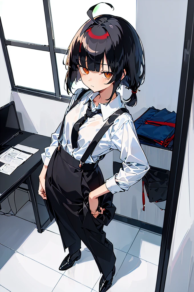 (((((shy girl))))), ((((shy posture)))), (((1 Girl))), (((standing up straight))), (((full body))), ((((flat chested)))), ((((Urabe Mikoto Mysterious Girlfriend X anime style haircut)))), ((((((((hair bangs over eyes)))))))), ((((eyes behind hair)))), (((short messy bob-cut))), (((eyes not visible due to being covered by hair))), ((eyes not visible due to be hidden by hair bangs)), ((((black high-waist long slacks)))), ((black suspenders)), (((black tie))), (((women's dress shirt))), ((women's dress shoes)), (((20-year-old Office Lady))), ((((Office Setting)))).