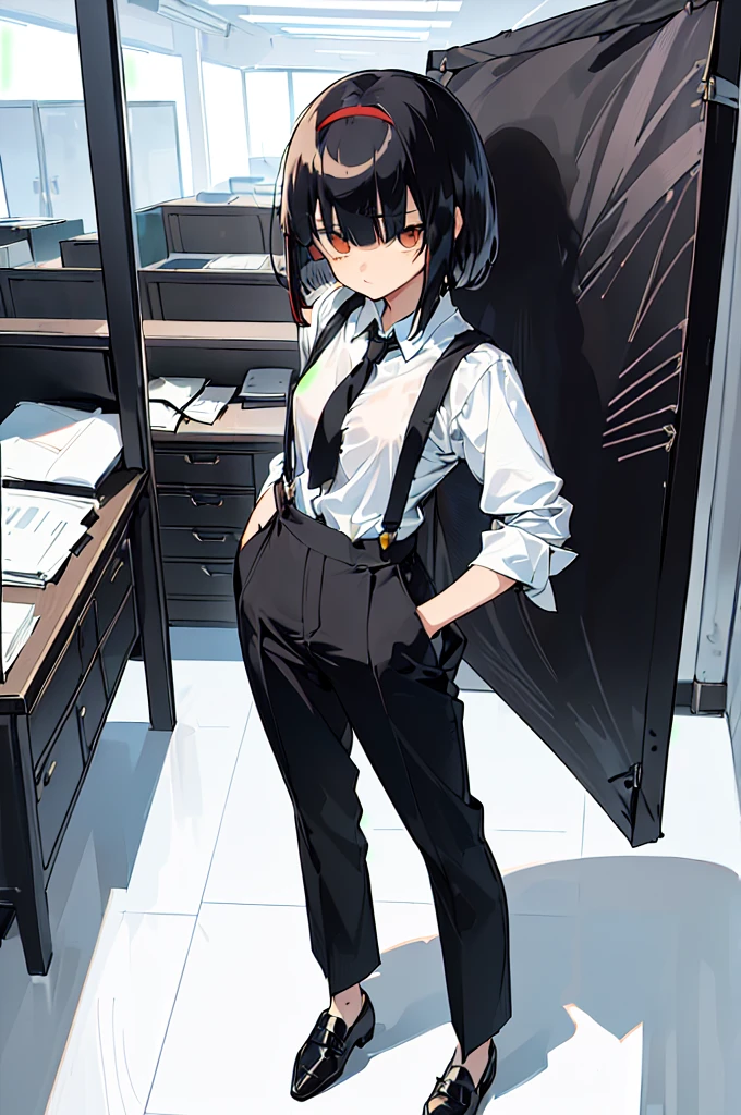 (((((shy girl))))), ((((shy posture)))), (((1 Girl))), (((standing up straight))), (((full body))), ((((flat chested)))), ((((Urabe Mikoto Mysterious Girlfriend X anime style haircut)))), ((((((((hair bangs over eyes)))))))), ((((eyes behind hair)))), (((short messy bob-cut))), (((eyes not visible due to being covered by hair))), ((eyes not visible due to be hidden by hair bangs)), ((((black high-waist long slacks)))), ((black suspenders)), (((black tie))), (((women's dress shirt))), ((women's dress shoes)), (((20-year-old Office Lady))), ((((Office Setting)))).