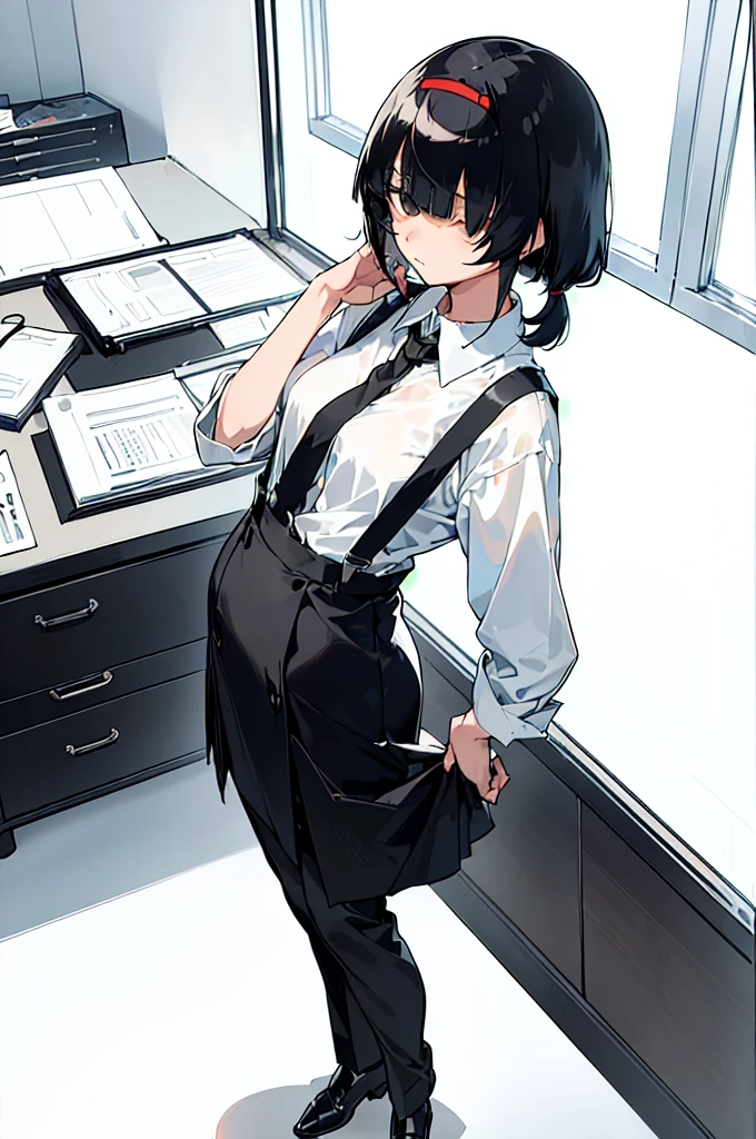 (((((shy girl))))), ((((shy posture)))), (((1 Girl))), (((standing up straight))), (((full body))), ((((flat chested)))), ((((Urabe Mikoto Mysterious Girlfriend X anime style haircut)))), ((((((((hair bangs over eyes)))))))), ((((eyes behind hair)))), (((short messy bob-cut))), (((eyes not visible due to being covered by hair))), ((eyes not visible due to be hidden by hair bangs)), ((((black high-waist long slacks)))), ((black suspenders)), (((black tie))), (((women's dress shirt))), ((women's dress shoes)), (((20-year-old Office Lady))), ((((Office Setting)))).