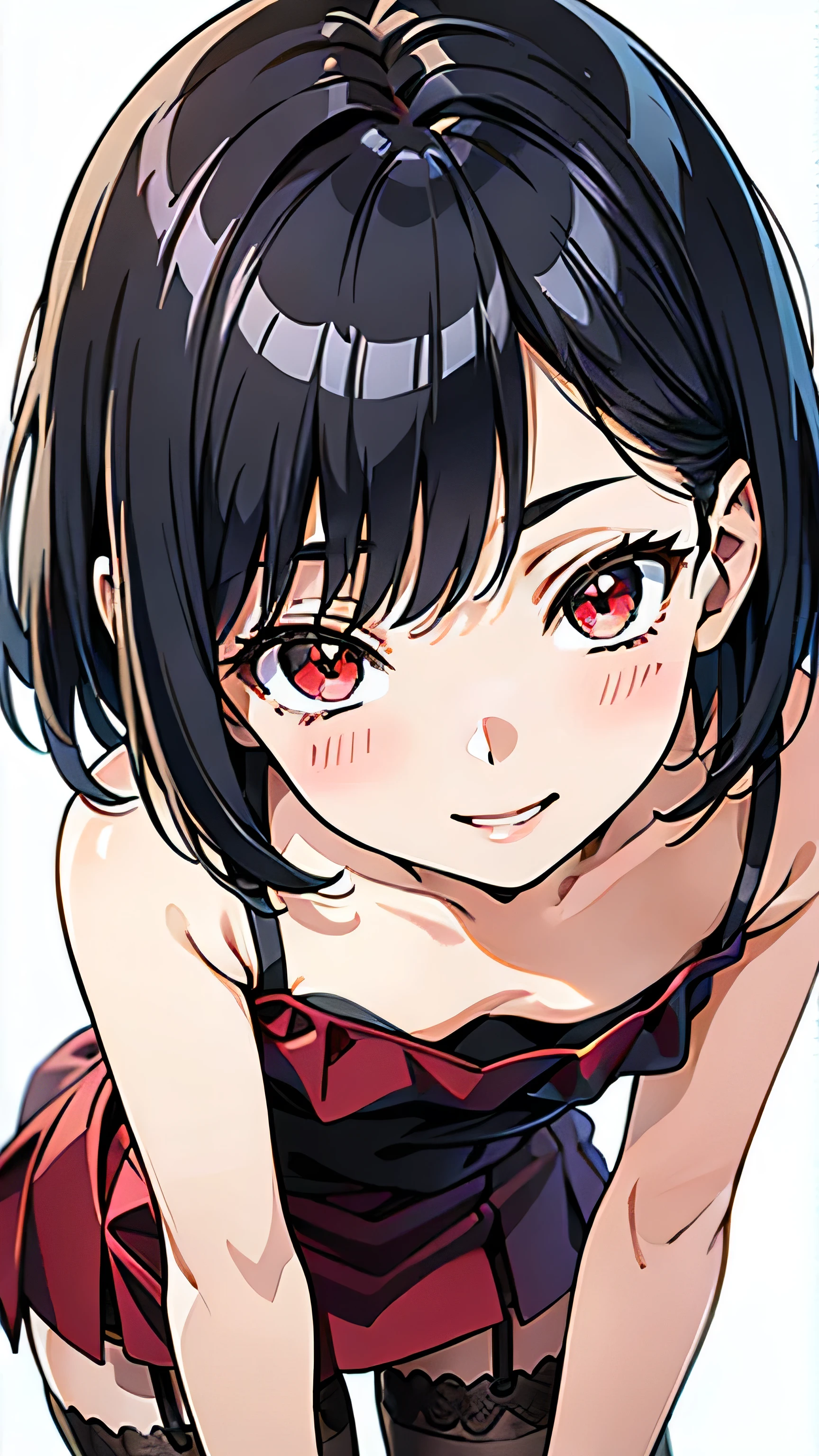 Red dress, One Woman, (Beautiful woman, Delicate schoolgirl:1.3), 8k, highest quality, masterpiece, Very detailed, Ultra-high resolution, Realistic, RAW Photos, Absolute Resolution, Black Hair, Bobcut, face is small compared to body, Very small face, Black Hair, ((Red Camisole Dress)),Red dress, High school girl wearing a red dress, 2D Rendering of Anime, realistic young anime school girl, , ((No decorations)), Small breasts, expensive, Slanted Eyes, Red eyes, Black Stockings, garter belt, Toothless smile, Background white, (Throw kiss:1.3), (Wink) ,(Top-down position:1.2), No background