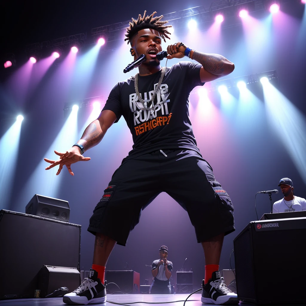 homem arafiado de camisa roxa segurando um microfone e em frente a um laptop, rapping no palco at festival, foto do show, Juliano Opé, no palco, Riyad Cassiem, Joel Torres, por Joseph Henderson, no palco, performing no palco, big head no palco, Mohammed Chahin, batendo no microfone, 2 rappers no palco at concert