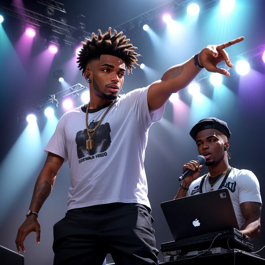 homem arafiado de camisa roxa segurando um microfone e em frente a um laptop, rapping no palco at festival, foto do show, Juliano Opé, no palco, Riyad Cassiem, Joel Torres, por Joseph Henderson, no palco, performing no palco, big head no palco, Mohammed Chahin, batendo no microfone, 2 rappers no palco at concert