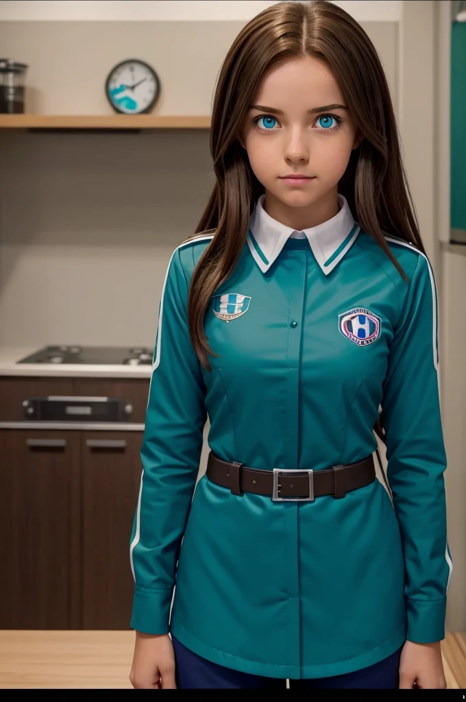 screenshot of my hero academia Girl with brown hair with blue and long, with one blue eye and one green phosphorescent eye and has a bored expression, lleva puesto el uniforme de la UA y de fondo tiene una clase escolar de la UA y seta sentada en una mesa