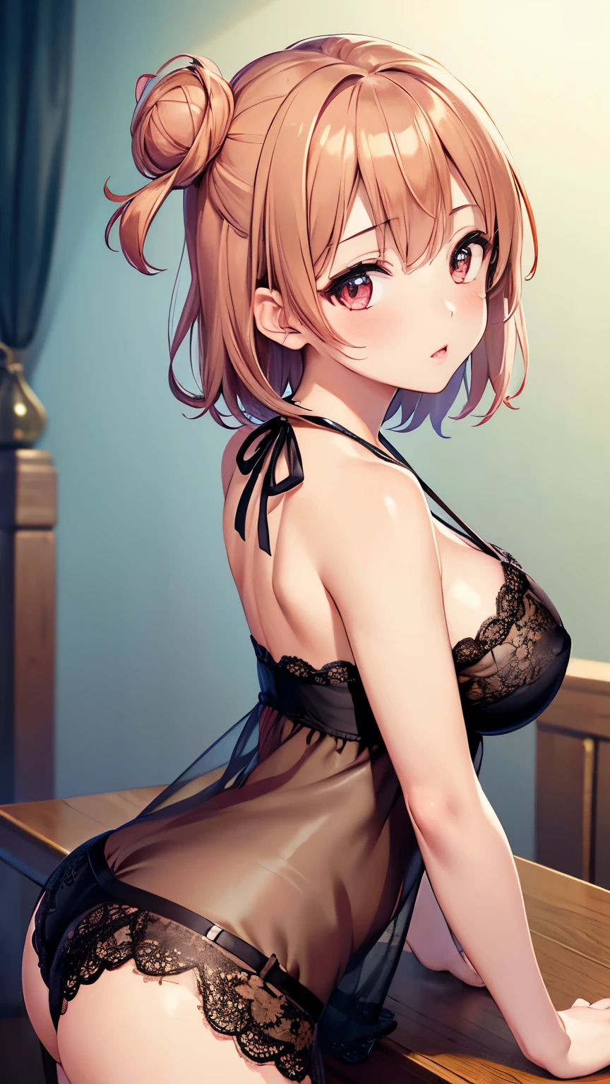 One girl, alone, masterpiece, Highest quality, High resolution, Very detailed, figure, Game CG, Beautiful and fine details, Yuigahama Yui, Single hair bun, Glossy Lips, light makeup, blush, Hostess Club, Halter Top Dress, Lace panties, Looking back at the audience