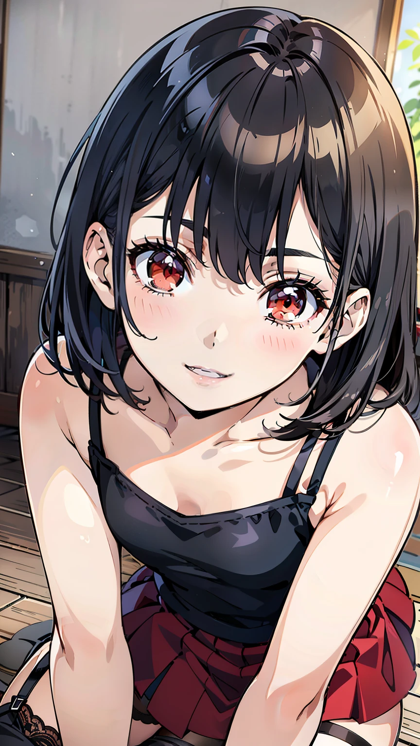 Red dress, One Woman, (Beautiful woman, Delicate schoolgirl:1.3), 8k, highest quality, masterpiece, Very detailed, Ultra-high resolution, Realistic, RAW Photos, Absolute Resolution, Black Hair, Bobcut, face is small compared to body, Very small face, Black Hair, ((Red Camisole Dress)),Red dress, High school girl wearing a red dress, 2D Rendering of Anime, Realistic若いアニメの女子高生, , ((No decorations)), Small breasts, expensive, Slanted Eyes, Red eyes, Black Stockings, garter belt, Toothless smile, Background white, (Throw kiss:1.3), (Wink) ,(Top-down position:1.2), No background