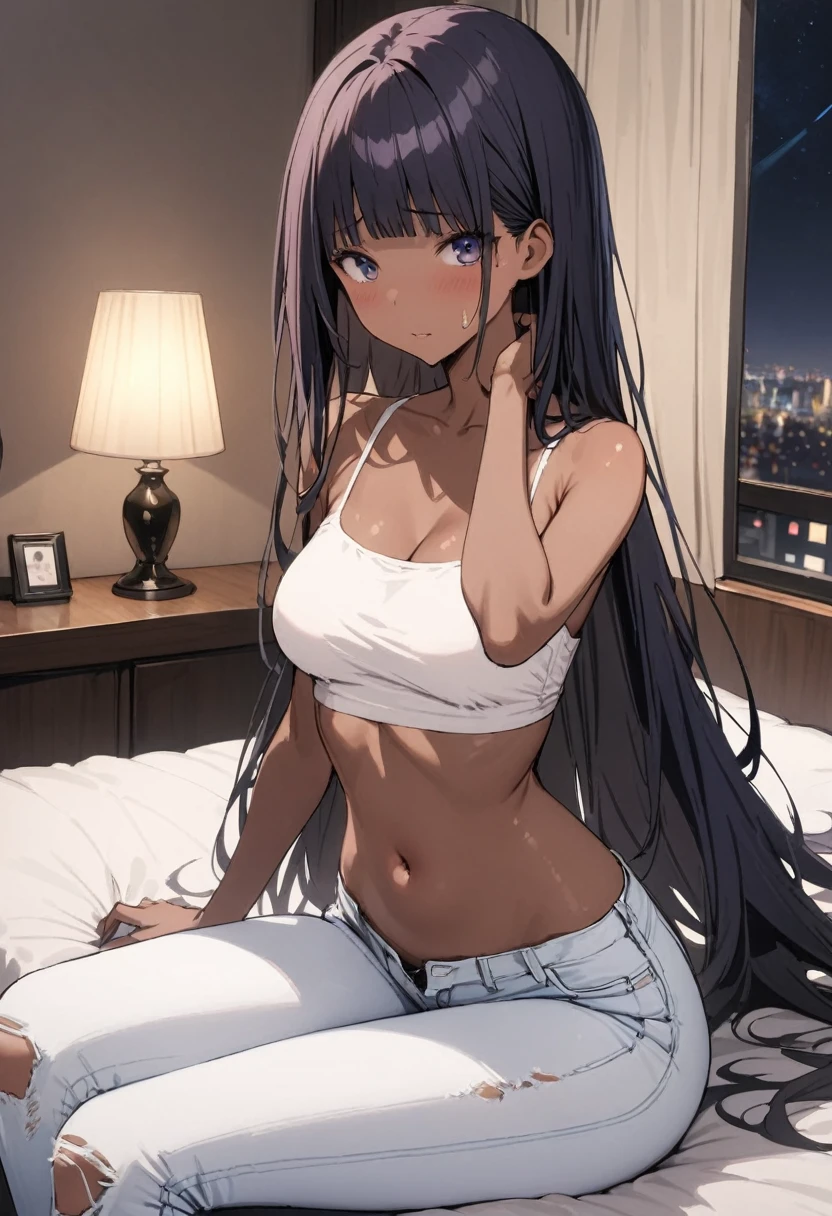 (((masterpiece, highest quality:1.3,absurdres))),25 year old beauty,solo,((very small head:1.2)),long hair,bangs,dark blue hair,dark blue eyes,gorgeous eyes,shy,medium breasts,((very long body:1.2)),((toned body,slender body)),skinny,tan skin,gleaming skin,shiny skin,sweat,((ripped jeans)),((White tube top,navel)),Simple bed,Simple bedroom、Tokyo、at night、
