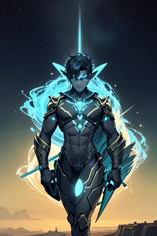 niji mode, a bear man magician secret agent, wearing a modern and stylish thin suit with glowing magic circuits, full body dynamic pose, human face with glowing delicate tribal tattoos and bluish green bear ears, using a glowing technological long spear with magic carvings , vibrant and bright scenery, hairy young man, with ethereal and devilish behavior, his features bathed in the green lunar glow. His skin, orange and bluish green, reflecting like a mirror, the starry night. Within his captivating gaze a swirl of galaxies, vibrant shades of cosmic dust and celestial wonders painting a mesmerizing tapestry in shades of green, a wild touch to his captivating gaze. His presence evokes a feeling of pride. As his presence draws attention, the enigmatic allure of this figure captivates the imagination, inviting contemplation of the hidden depths that lie beneath his captivating gaze. A kingdom of an ancient civilization with advanced technology, with tall buildings, blending into the vegetation. Wide scene, with several layers of depth, dynamic, cinematic. Studio ghibli, metal hurlant, traces of old anime.