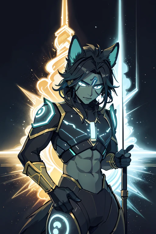 niji mode, a bear man magician secret agent, wearing a modern and stylish thin suit with glowing magic circuits, full body dynamic pose, human face with glowing delicate tribal tattoos and bluish green bear ears, using a glowing technological long spear with magic carvings , vibrant and bright scenery, hairy young man, with ethereal and devilish behavior, his features bathed in the green lunar glow. His skin, orange and bluish green, reflecting like a mirror, the starry night. Within his captivating gaze a swirl of galaxies, vibrant shades of cosmic dust and celestial wonders painting a mesmerizing tapestry in shades of green, a wild touch to his captivating gaze. His presence evokes a feeling of pride. As his presence draws attention, the enigmatic allure of this figure captivates the imagination, inviting contemplation of the hidden depths that lie beneath his captivating gaze. A kingdom of an ancient civilization with advanced technology, with tall buildings, blending into the vegetation. Wide scene, with several layers of depth, dynamic, cinematic. Studio ghibli, metal hurlant, traces of old anime.