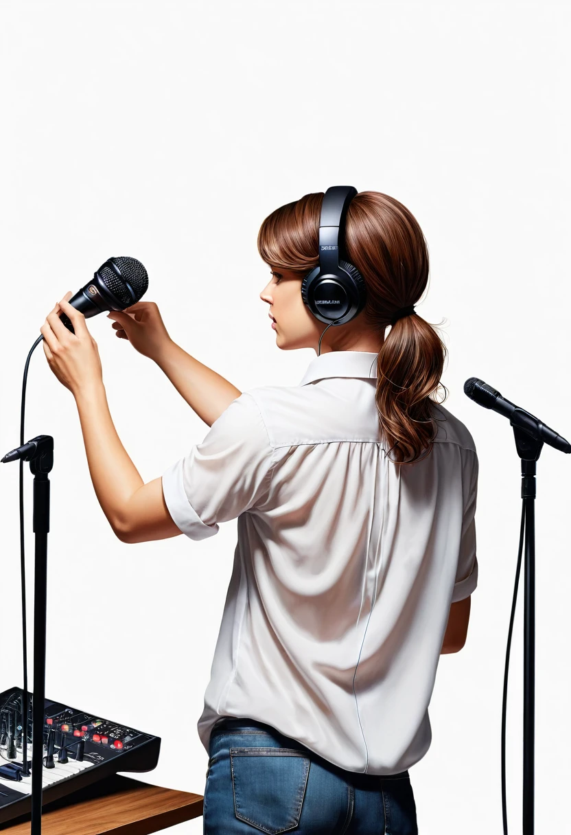 masterpiece, best quality, ultra-detailed, illustration,, recbooth, solo, microphone, headphones, realistic, brown hair, shirt, cable, white shirt, from behind, microphone, microphone stand,