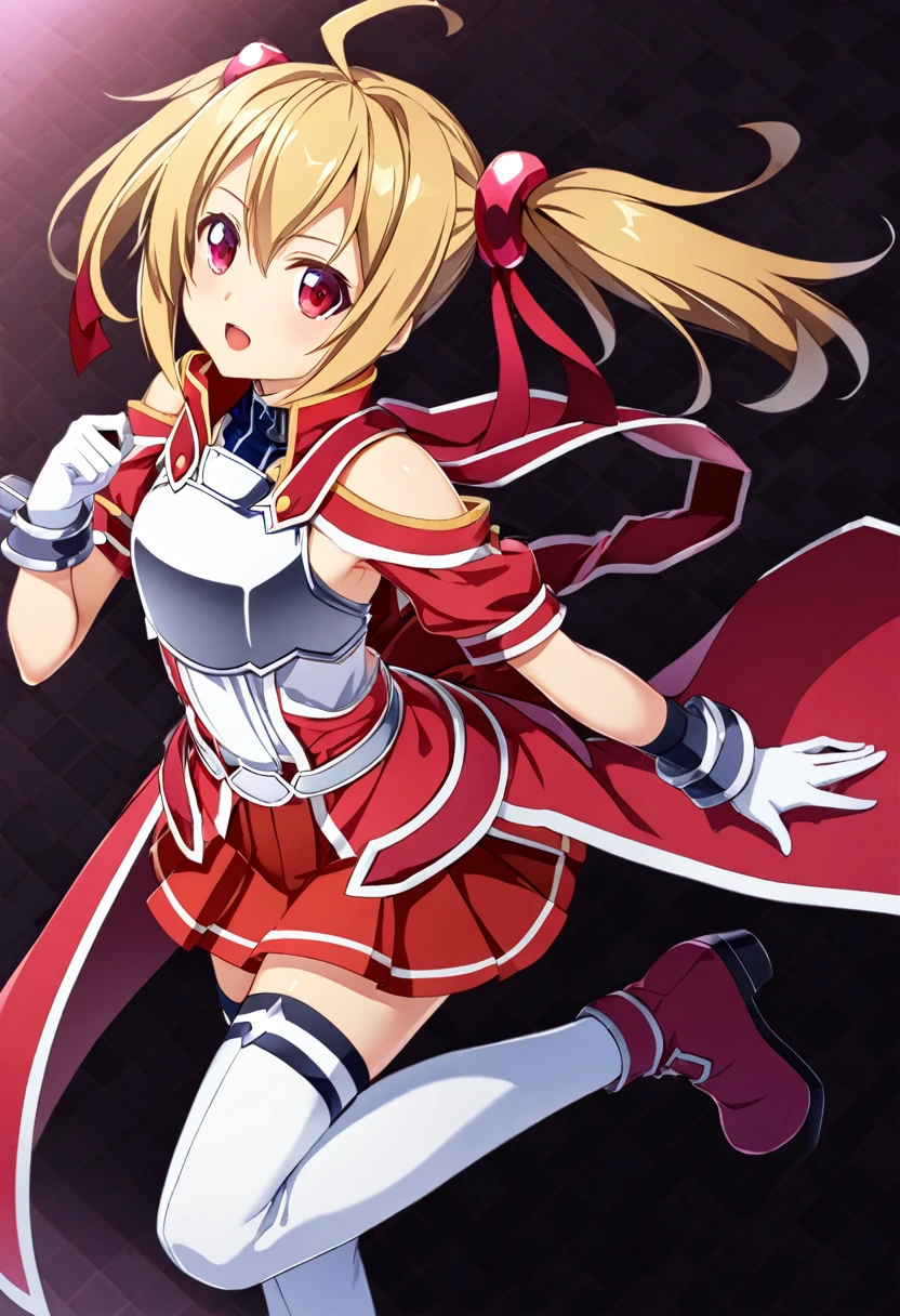 highest quality、unity 8k wallpaper、32k、masterpiece、Very detailed、Ultra-high resolution、　Magical Tamer Silica、Silica(sao)、Shoulder rest、Silver Breastplate、Pleated skirt、Gloves)、Silver Gauntlet、Thigh-high stiletto boots、A large ribbon with a large brooch on the chest、Hair Clip、Hair Ribbon、