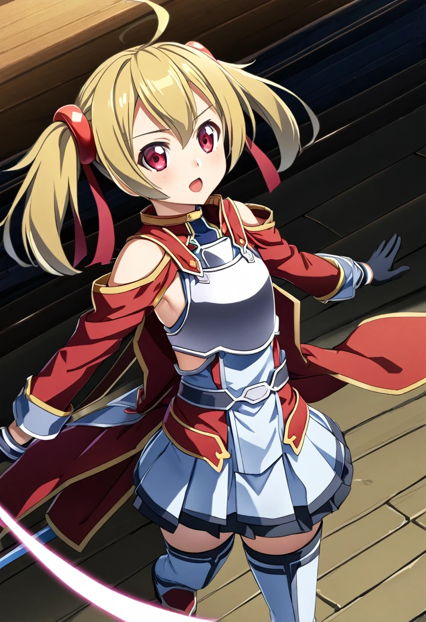 highest quality、unity 8k wallpaper、32k、masterpiece、Very detailed、Ultra-high resolution、 Magical Tamer Silica、Silica(sao)、Shoulder rest、Silver Breastplate、Pleated skirt、Gloves)、Silver Gauntlet、Thigh-high stiletto boots、A large ribbon with a large brooch on the chest、Hair Clip、Hair Ribbon、