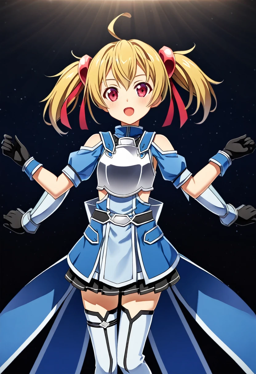 highest quality、unity 8k wallpaper、32k、masterpiece、Very detailed、Ultra-high resolution、　Magical Tamer Silica、Silica(sao)、Shoulder rest、Silver Breastplate、Pleated skirt、Gloves)、Silver Gauntlet、Thigh-high stiletto boots、A large ribbon with a large brooch on the chest、Hair Clip、Hair Ribbon、