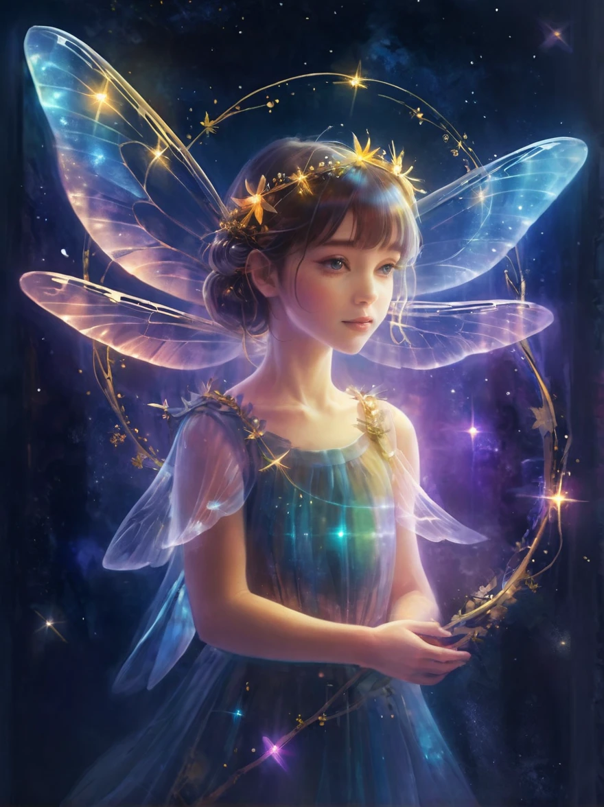 girl dragonfly with four transparent wings wreath of stars space dawn