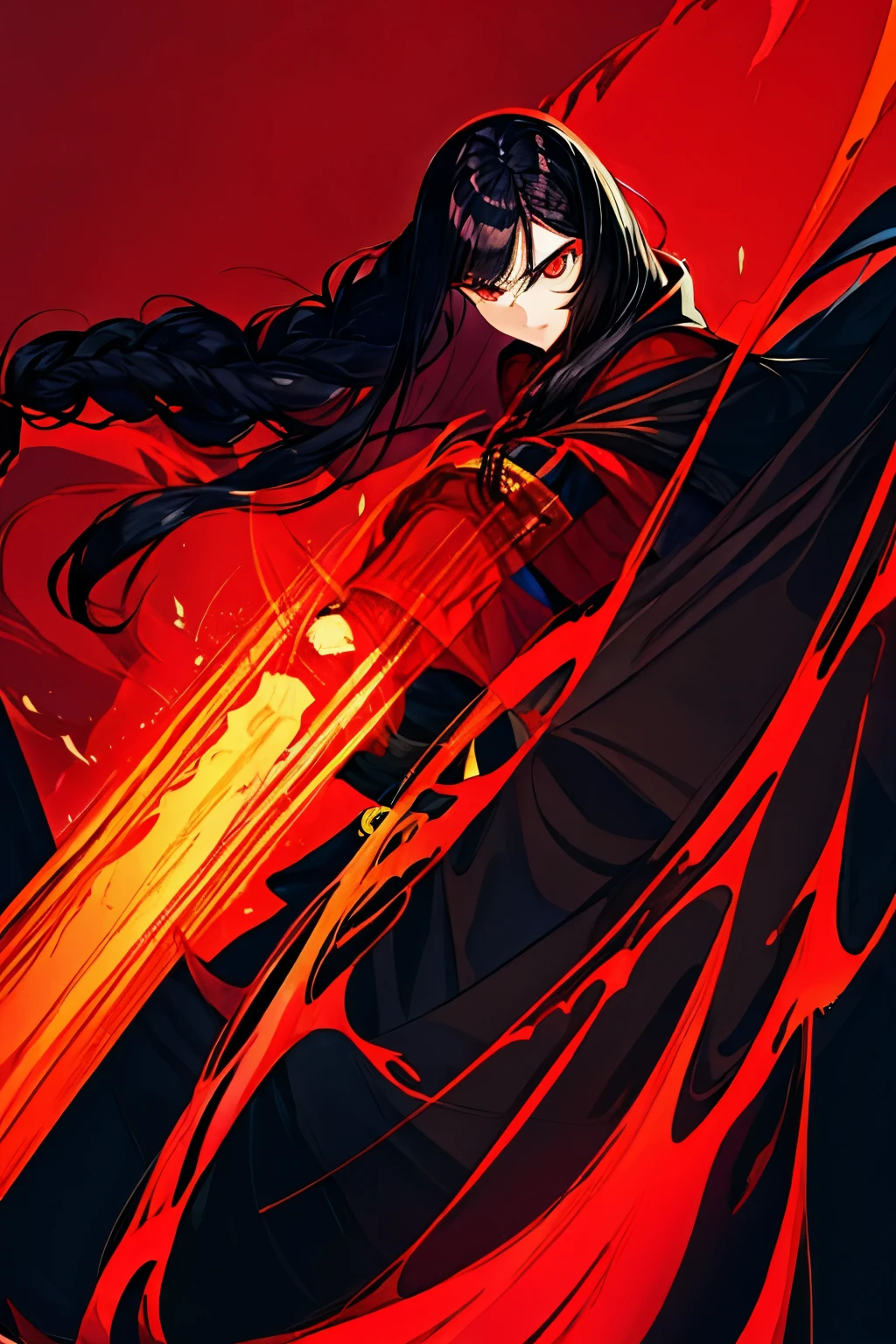 Long black hair, single long braid, red long cloak, dark red shirt, fantasy waistband, fantasy, orange eyes, looking at viewer, serious face,