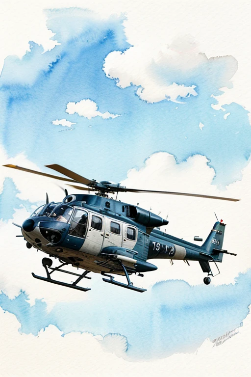 Bell-47 Helicopter in flight, watercolor