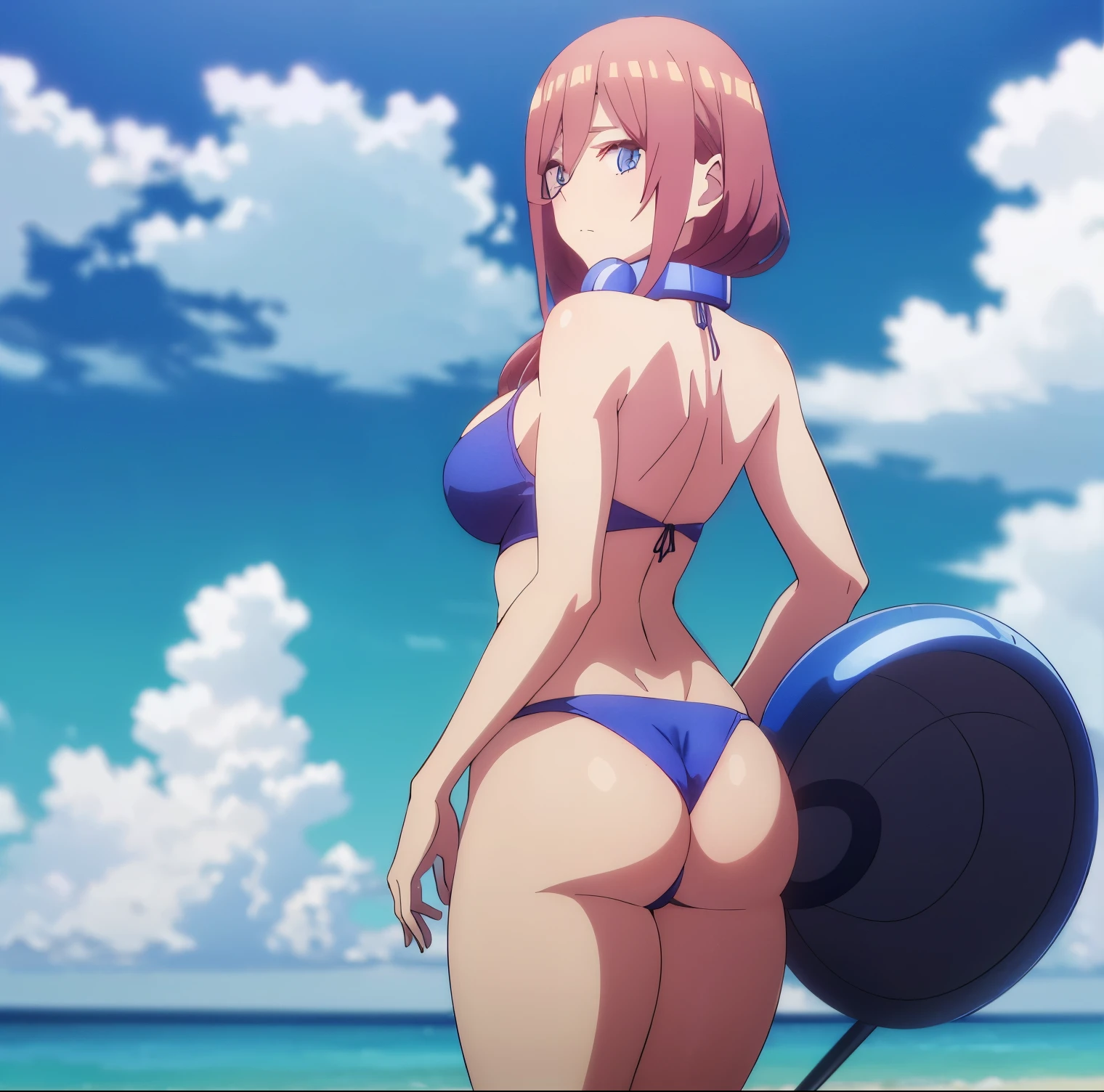 1 girl, alone, miku nakano, headphones around the neck, blue headphones,((blue swimsuit)), (2-piece bikini)),((cleavage)),((bare shoulders)), barefoot, alone, hair brown, blue eyes, long hair, hair between eyes, blue eyes, detailed eyes, closed mouth, looking at viewer, bangs, standing, dynamic posture, curvy body, large breasts, medium waist, wide hips, wide thighs , round butt, outdoor, Japanese beach, sunny, clouds, looking back, from behind, focus on ass, point of view (from below), standing, best quality, ultra detailed, masterpiece, perfect anatomy, hands perfect