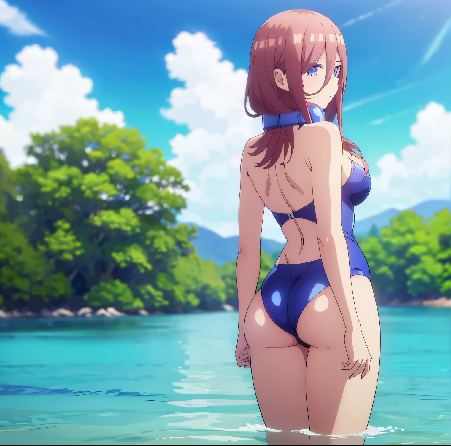 1 girl, alone, miku nakano, headphones around the neck, blue headphones,((blue swimsuit)), (2-piece )),((cleavage)),(( shoulders)), barefoot, alone, hair brown, blue eyes, long hair, hair between eyes, blue eyes, detailed eyes, closed mouth, looking at viewer, bangs, standing, dynamic posture, curvy body, , medium waist, wide , wide thighs , round , outdoor, Japanese beach, sunny, clouds, looking back, , focus on , point of view (from below), standing, best quality, ultra detailed, masterpiece, perfect , hands perfect
